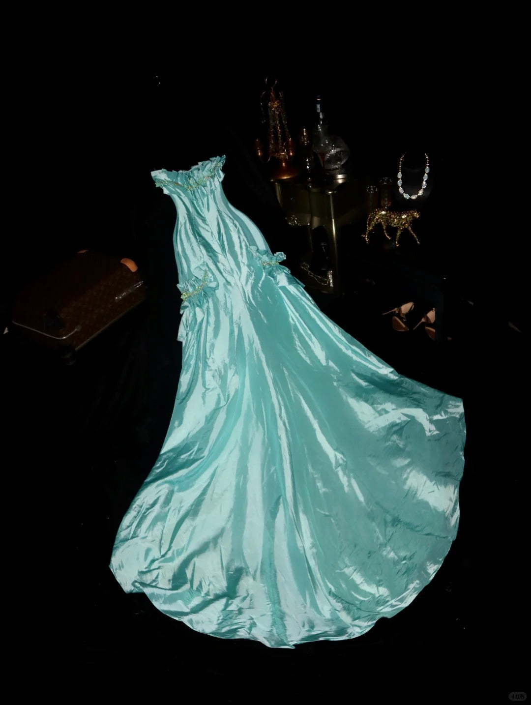 Elegant Mint Green Satin Beaded Strapless Long Prom Dress P3444