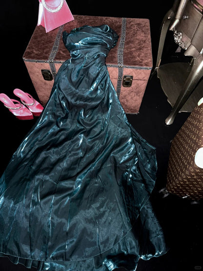 Chic Dark Green Strapless Herringbone Satin Prom Dress P3446