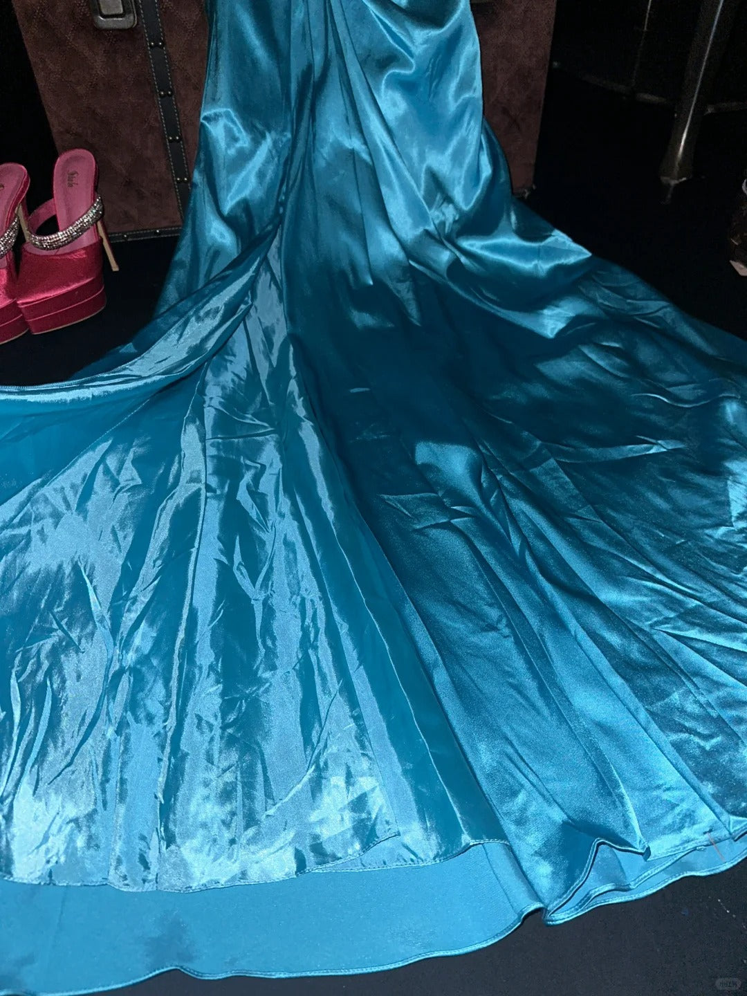 Elegant Blue Satin One Shoulder Beaded Slit Long Prom Dress P3447