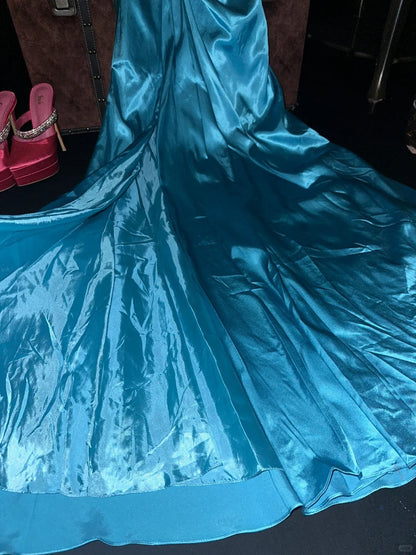 Elegant Blue Satin One Shoulder Beaded Slit Long Prom Dress P3447