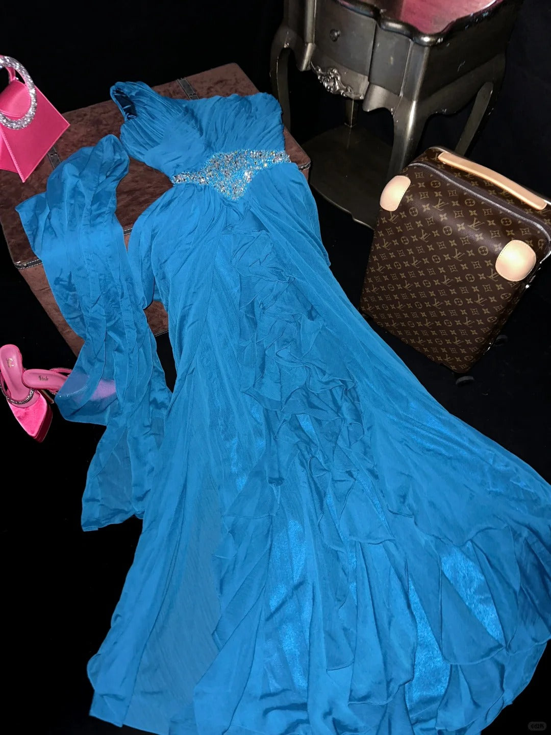 Vintage One Shoulder Chiffon Studded Beaded Stone Blue Long Prom Dress P3448