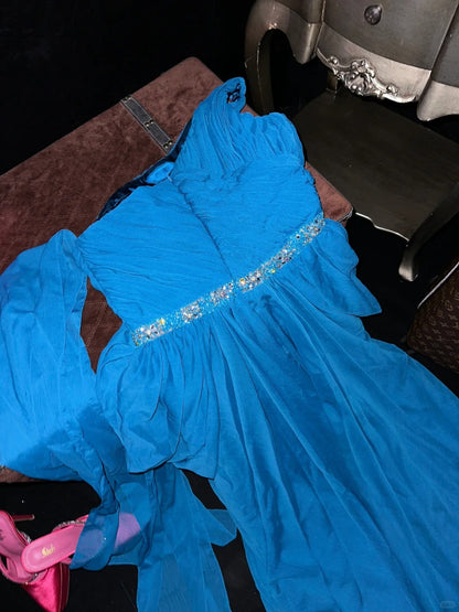 Vintage One Shoulder Chiffon Studded Beaded Stone Blue Long Prom Dress P3448