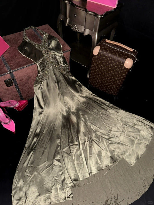 Vintage Green Halter Beaded Satin Long Prom Dress P3450