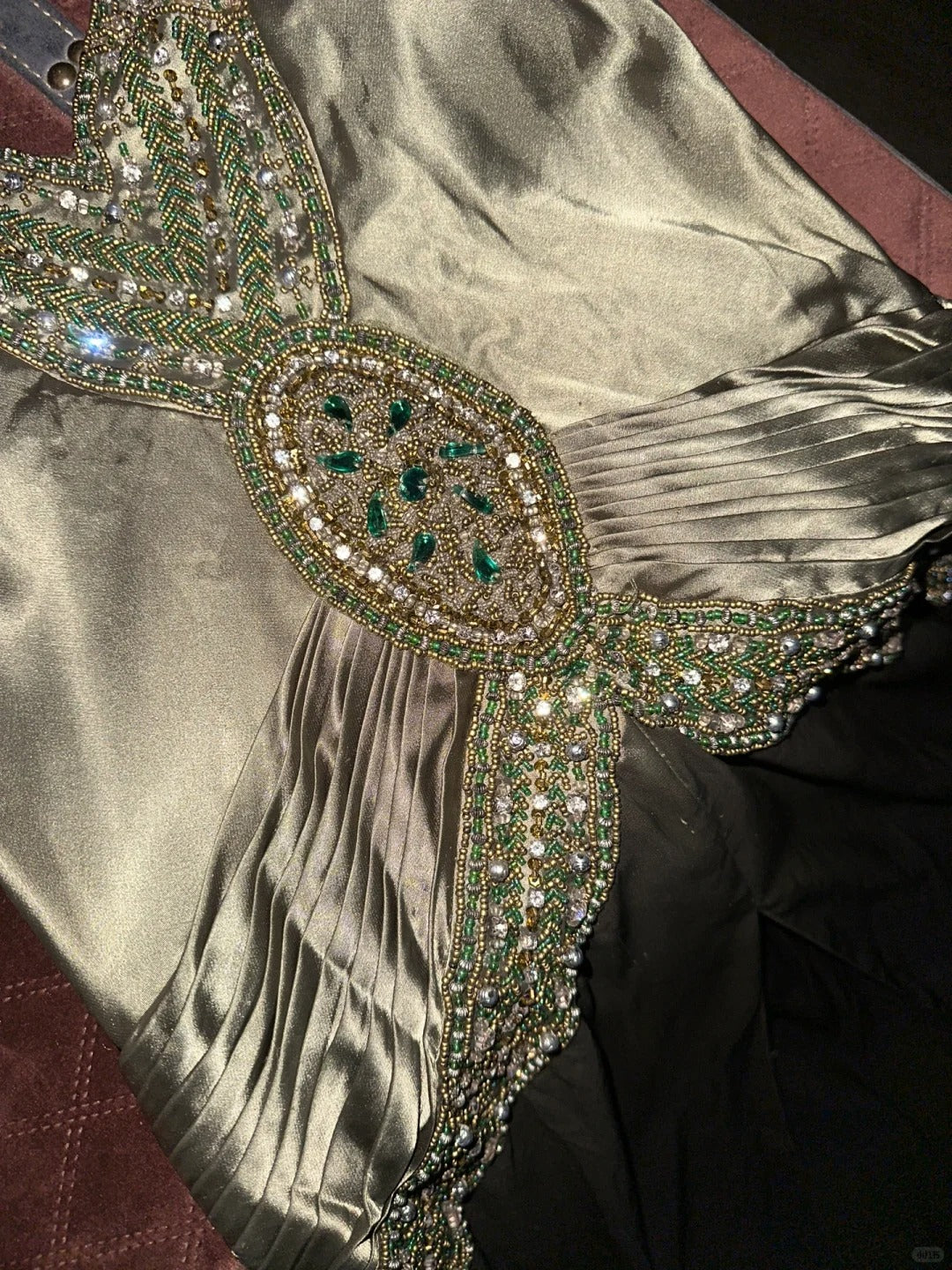 Vintage Green Halter Beaded Satin Long Prom Dress P3450