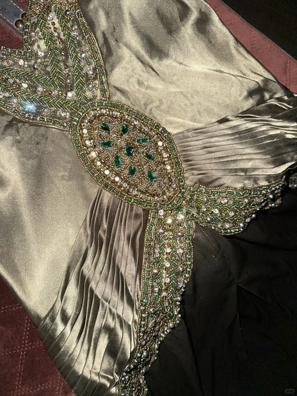 Vintage Green Halter Beaded Satin Long Prom Dress P3450