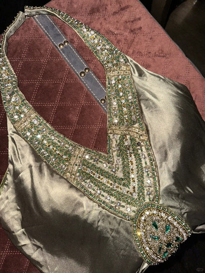 Vintage Green Halter Beaded Satin Long Prom Dress P3450