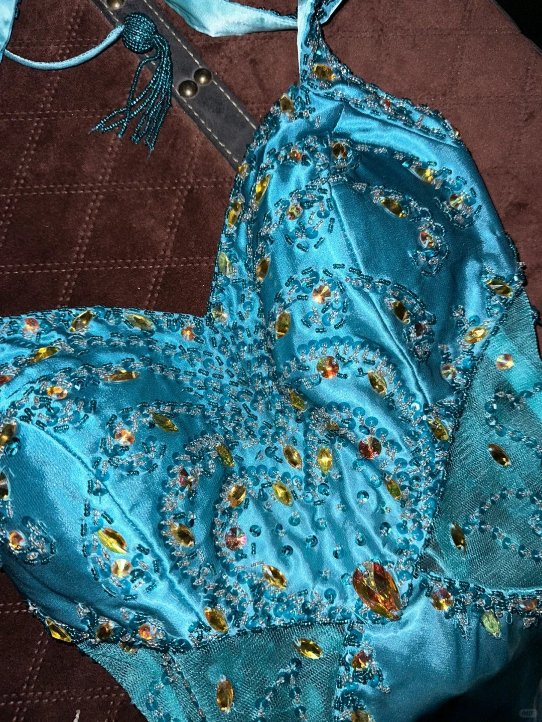 Vintage Blue Satin Beaded Halter Neck Long Prom Dress P3451