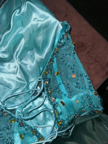 Vintage Blue Satin Beaded Halter Neck Long Prom Dress P3451