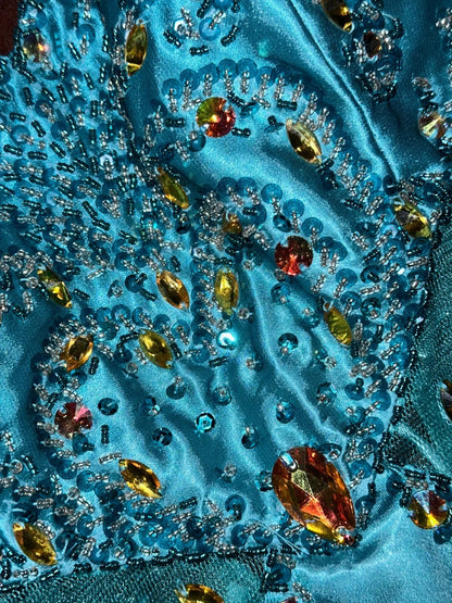 Vintage Blue Satin Beaded Halter Neck Long Prom Dress P3451