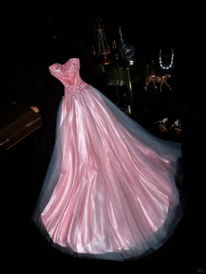 Cute Pink Strapless Beaded Tulle Princess Prom Dress P3454