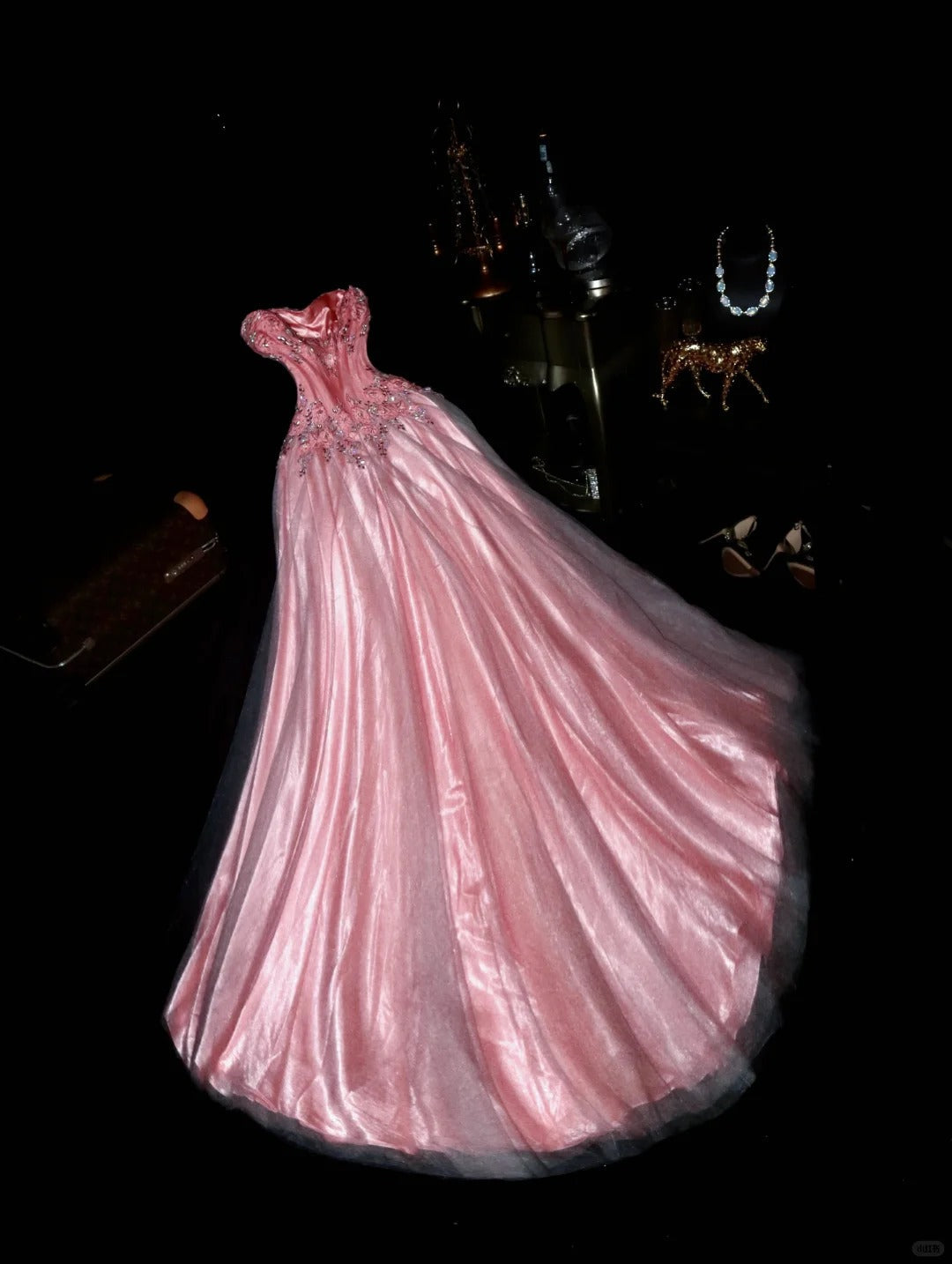 Cute Pink Strapless Beaded Tulle Princess Prom Dress P3454