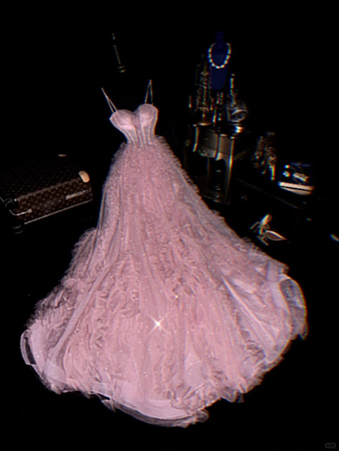 Cute Pink Spaghetti Strap Glitter Tulle Herringbone Puffy Prom Dress P3456