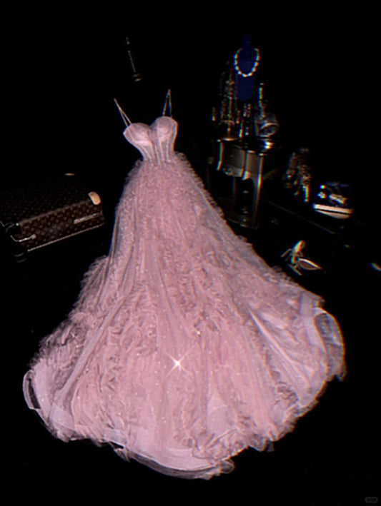 Cute Pink Spaghetti Strap Glitter Tulle Herringbone Puffy Prom Dress P3456