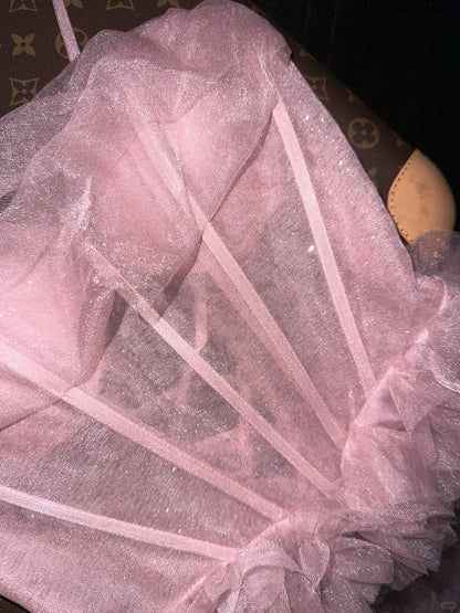 Cute Pink Spaghetti Strap Glitter Tulle Herringbone Puffy Prom Dress P3456