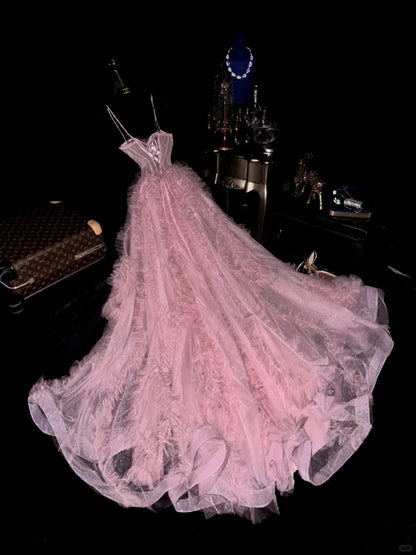Cute Pink Spaghetti Strap Glitter Tulle Herringbone Puffy Prom Dress P3456