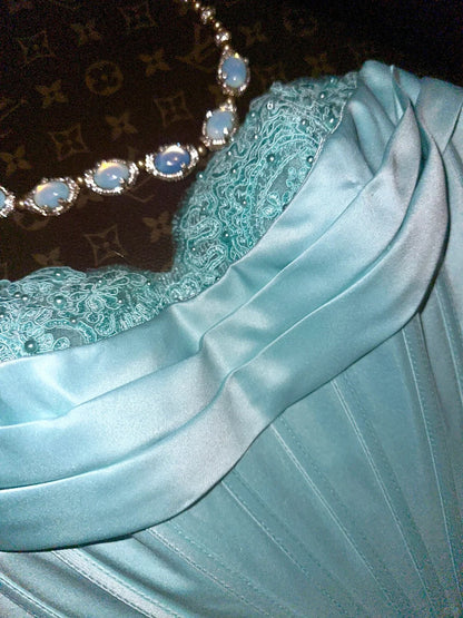 Elegant And Simple Sweetheart Neckline Blue Satin Chiffon A-line Prom Dress P3457