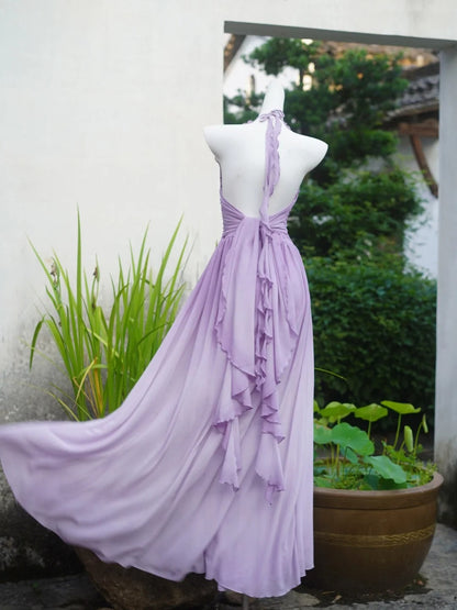 Flowing Chiffon Backless Purple Halter Neck Ruffled Long Prom Dress P3459