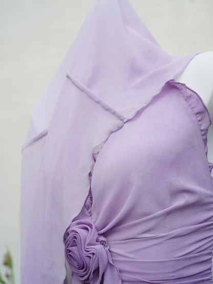 Flowing Chiffon Backless Purple Halter Neck Ruffled Long Prom Dress P3459