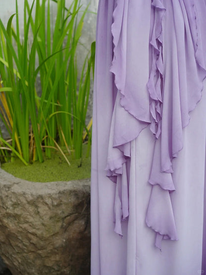 Flowing Chiffon Backless Purple Halter Neck Ruffled Long Prom Dress P3459