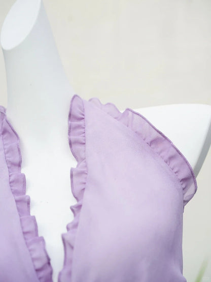Flowing Chiffon Backless Purple Halter Neck Ruffled Long Prom Dress P3459