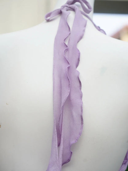 Flowing Chiffon Backless Purple Halter Neck Ruffled Long Prom Dress P3459