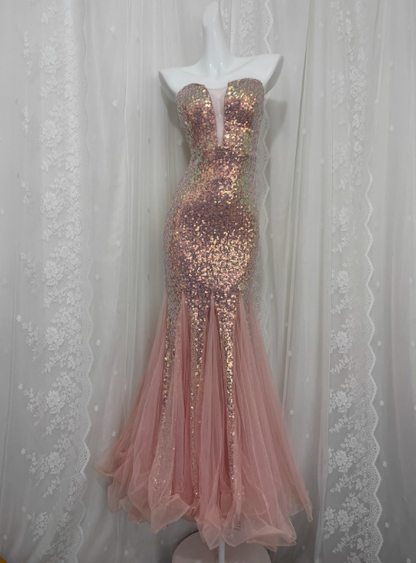 Sexy Sequined Strapless Mesh Mermaid Prom Dress P3460