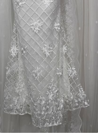 Pretty Mermaid White Embroidered Strapless Mermaid Prom Dress P3461