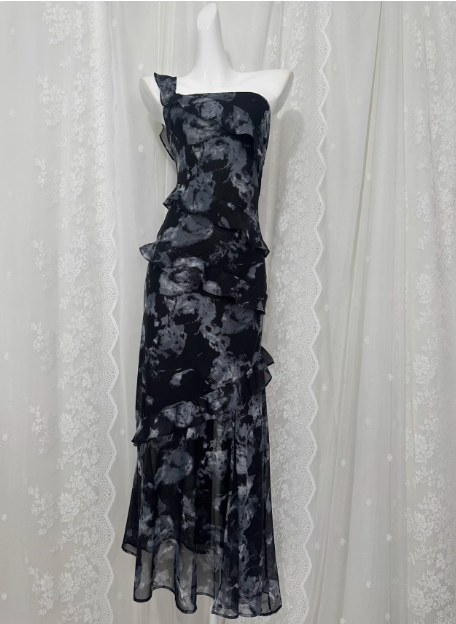 Soft Printed Lace One Shoulder Ruffle Slit Prom Dress P3462