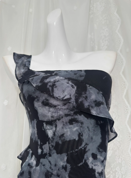 Soft Printed Lace One Shoulder Ruffle Slit Prom Dress P3462