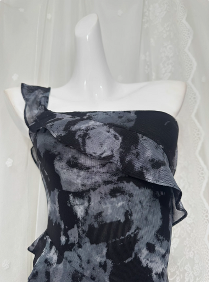 Soft Printed Lace One Shoulder Ruffle Slit Prom Dress P3462