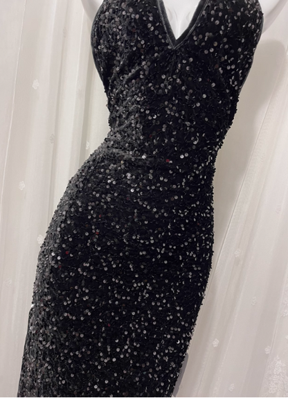 Black Sexy Backless Halter Neck Sequined Prom Dress P3464