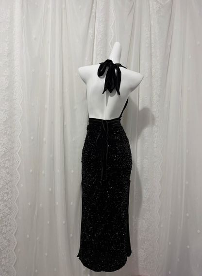 Black Sexy Backless Halter Neck Sequined Prom Dress P3464