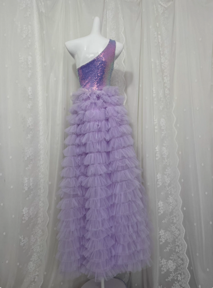 Elegant Purple One Shoulder Sequined Layered Tulle Long Prom Dress P3466