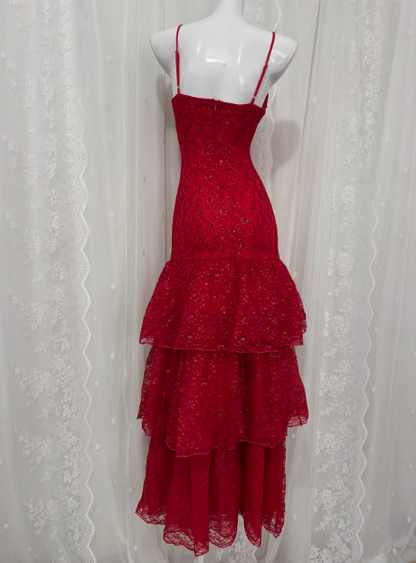 Beautiful Red Sling Lace Waist Ruffle Cake Skirt Prom Dress P3467