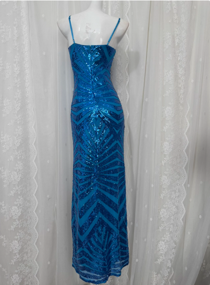 Elegant Blue Sequined Sling Slit Simple Long Prom Dress P3469