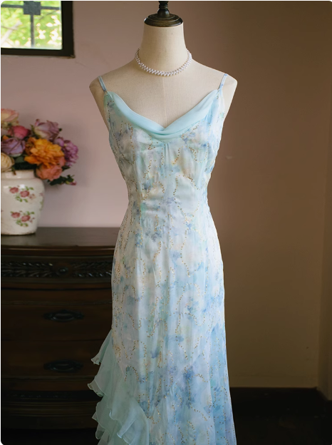 Fresh Blue Sling Neckline Suspender Chiffon Mermaid Prom Dress P3471