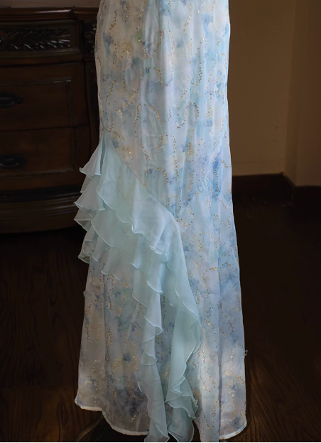Fresh Blue Sling Neckline Suspender Chiffon Mermaid Prom Dress P3471