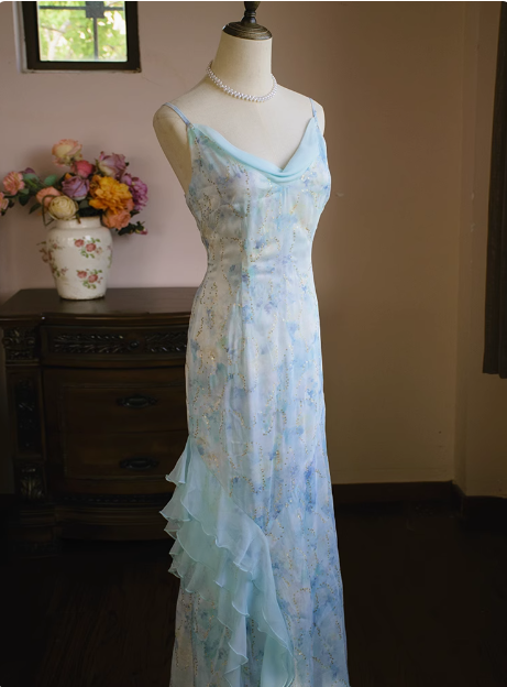 Fresh Blue Sling Neckline Suspender Chiffon Mermaid Prom Dress P3471