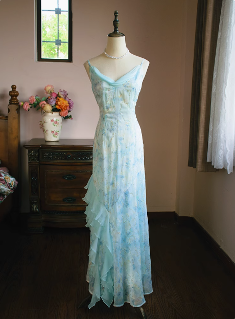 Fresh Blue Sling Neckline Suspender Chiffon Mermaid Prom Dress P3471