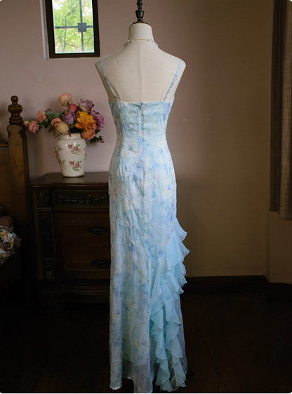 Fresh Blue Sling Neckline Suspender Chiffon Mermaid Prom Dress P3471
