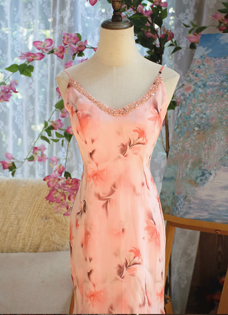 Beautiful Pink Printed Oil Painting V-neck Chiffon Mermaid Prom Dress P3472