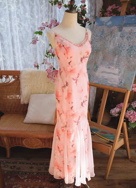 Beautiful Pink Printed Oil Painting V-neck Chiffon Mermaid Prom Dress P3472