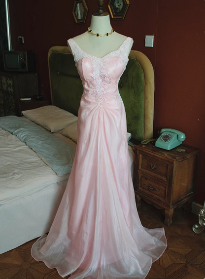 Vintage Pink Beaded Backless Lace Long Prom Dress P3473