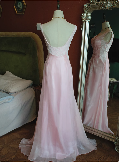 Vintage Pink Beaded Backless Lace Long Prom Dress P3473