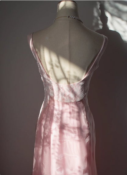 Vintage Pink Beaded Backless Lace Long Prom Dress P3473