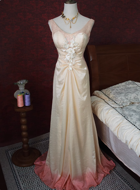 Vintage Beige Beaded Backless 3D Flower Gradient Long Prom Dress P3474