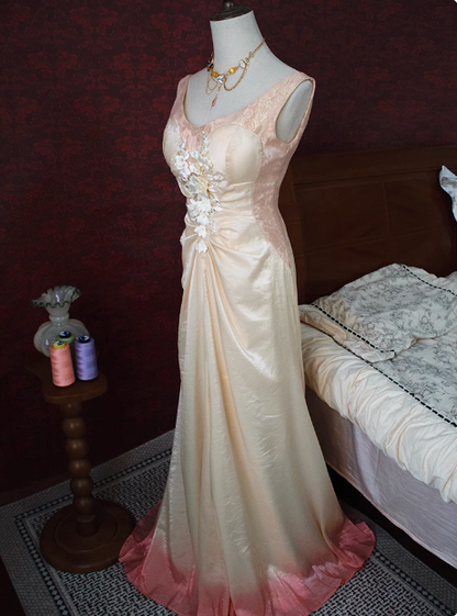 Vintage Beige Beaded Backless 3D Flower Gradient Long Prom Dress P3474