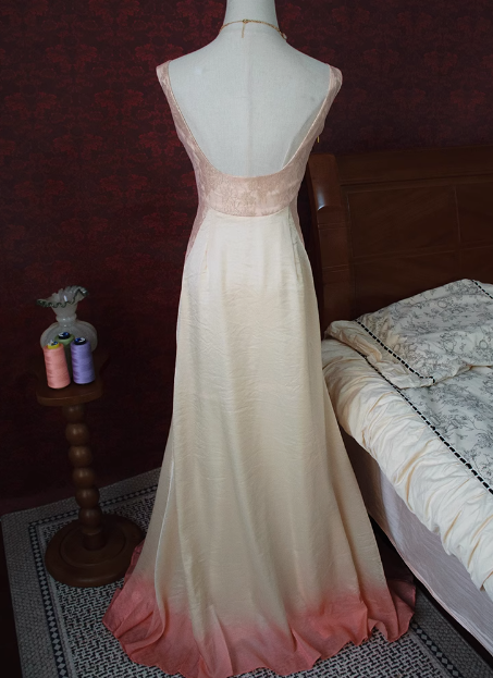 Vintage Beige Beaded Backless 3D Flower Gradient Long Prom Dress P3474