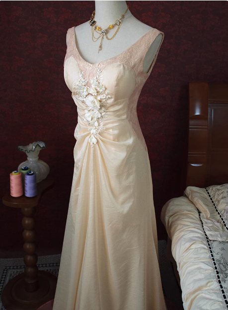 Vintage Beige Beaded Backless 3D Flower Gradient Long Prom Dress P3474