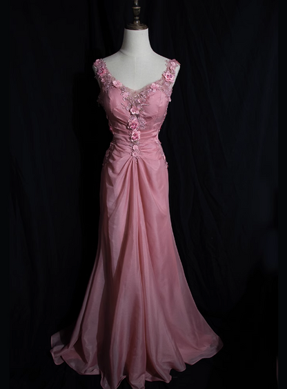 Retro Pink Beaded Backless 3D Flower Gradient Long Prom Dress P3475